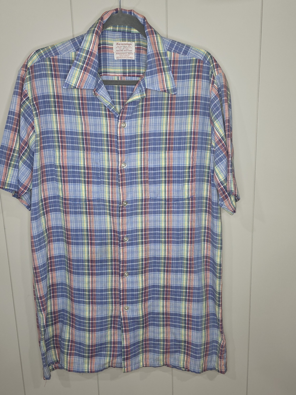 Vtg Sovereign Code Short-Sleeve Plaid Button-Up Shirt - Blue/Red Size 16 Tall